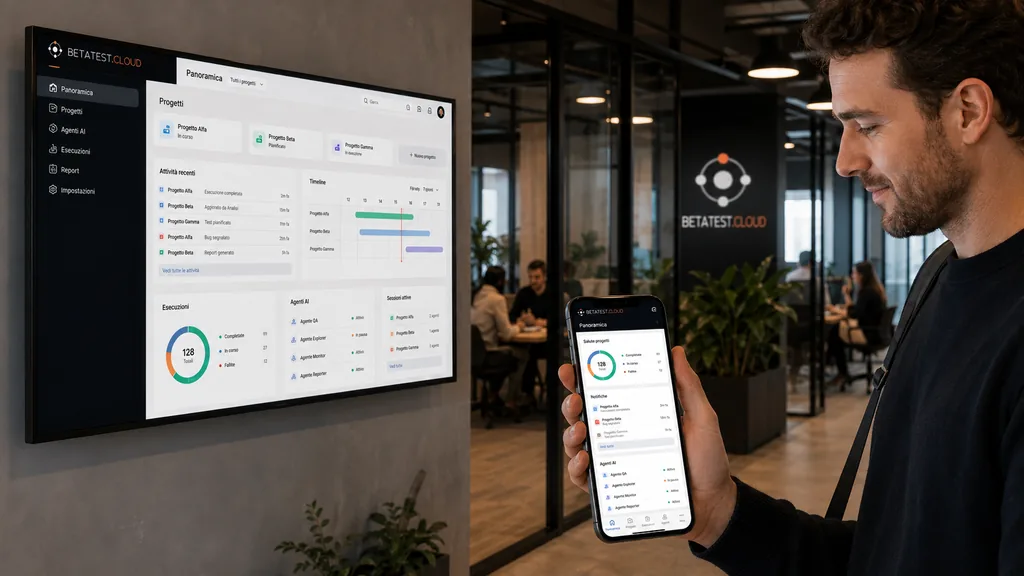 Immagine generata con IA: un operatore consulta l’app mobile di betatest.cloud su smartphone, con la stessa panoramica progetti visibile anche su uno schermo a parete